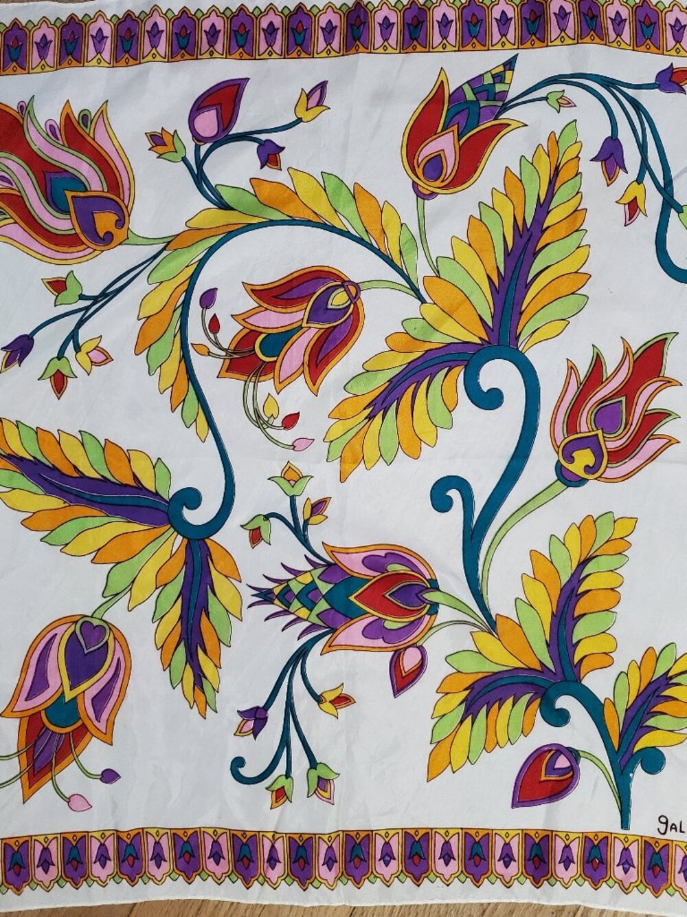 Vintage Galla Silky Scarf Square Retro Folk Floral Tulip Rolled Hem 25x25